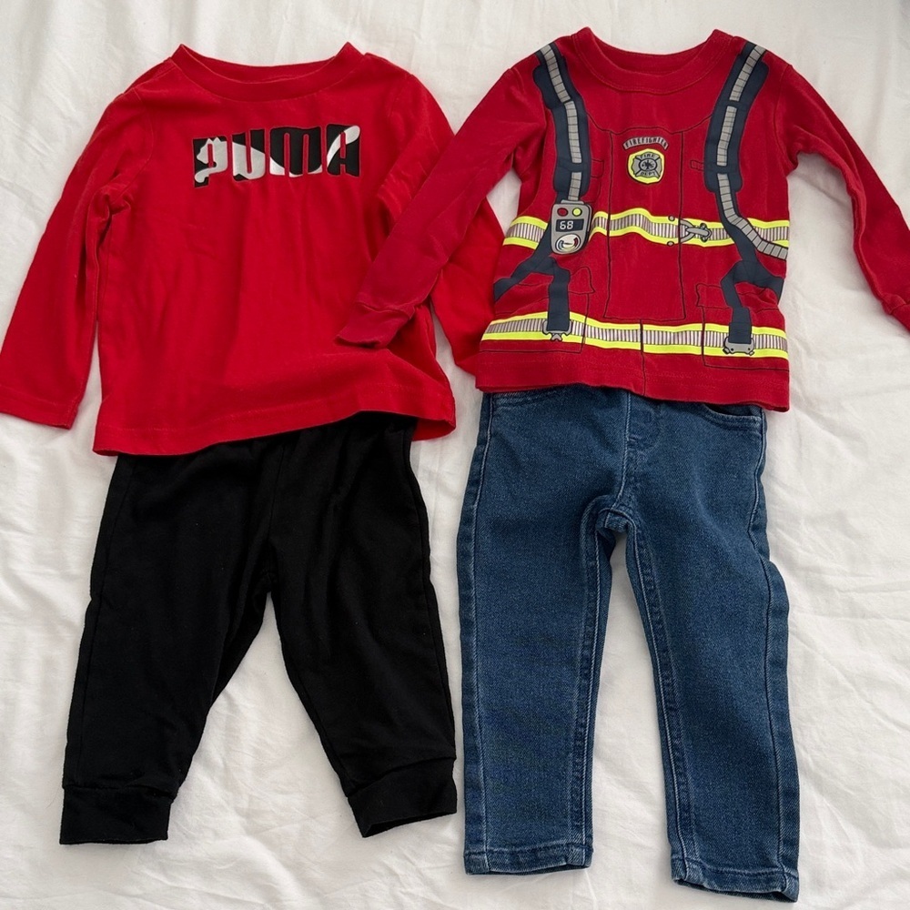 Puma Logo Tee & Firefighter Top with Black and Blue Pants size 12 months